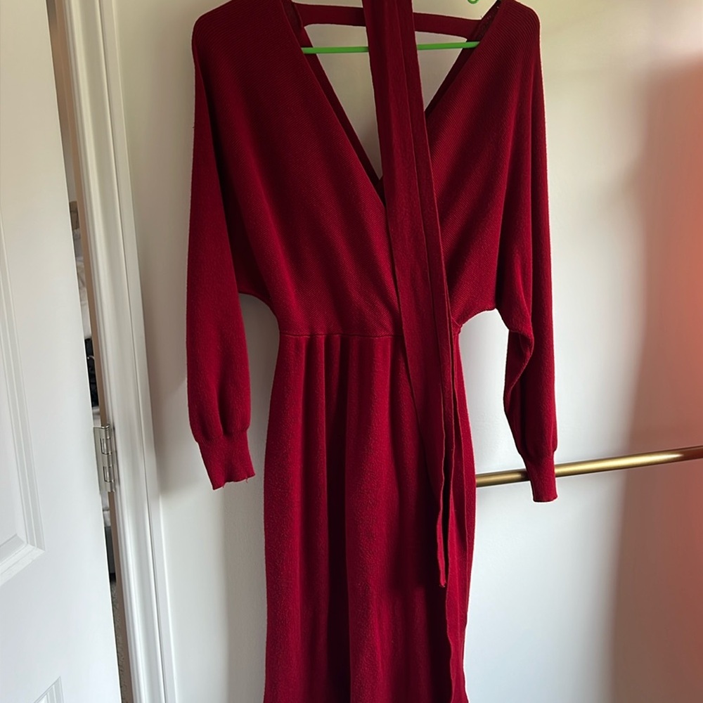 Cranberry red midi tie sweater dress